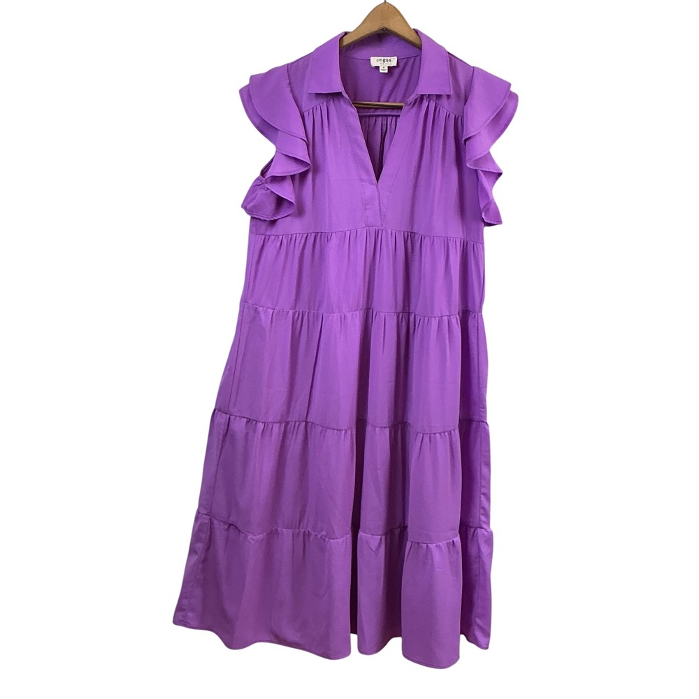 Umgee Purple Tiered Maxi Dress Ruffle Cap Sleeve V-Neck Pockets Medium A6973 - Picture 3 of 10